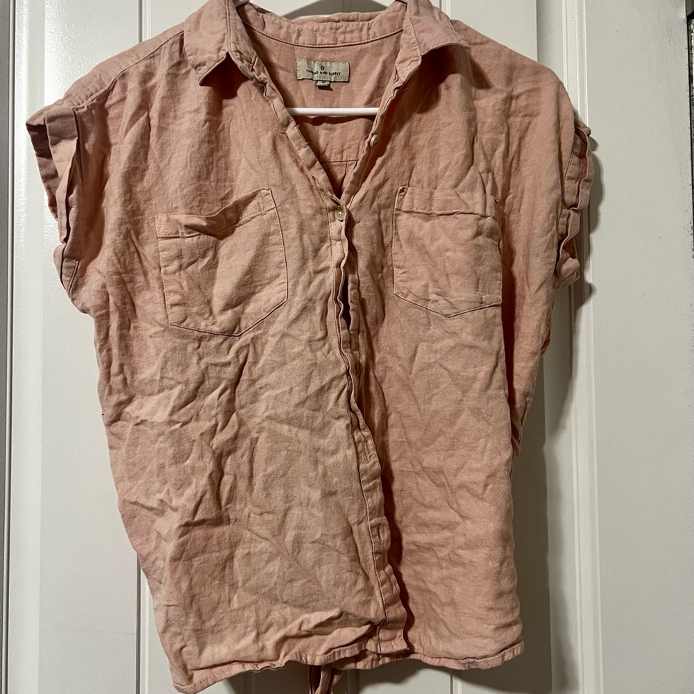 Pink linen button up shirt with tie back